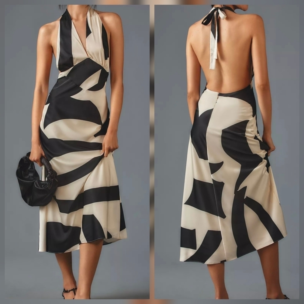 NWT Bardot Citron Black & Ivory White Abstract Prinnt Halter Midi Dress Size 10